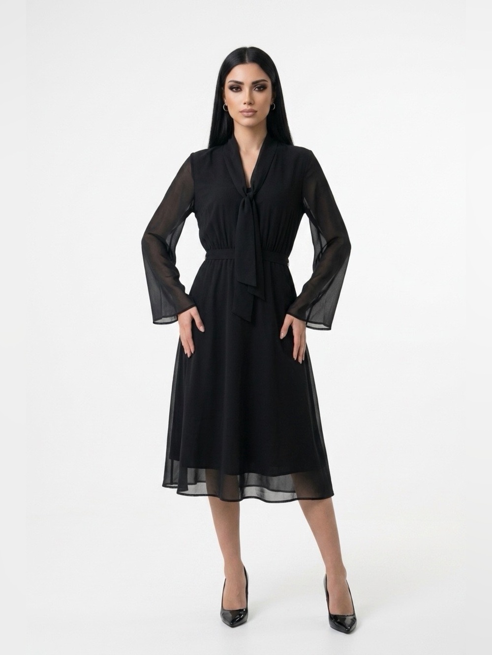 Who What Wear Black Long Sleeve Tie-Neck Midi Dress